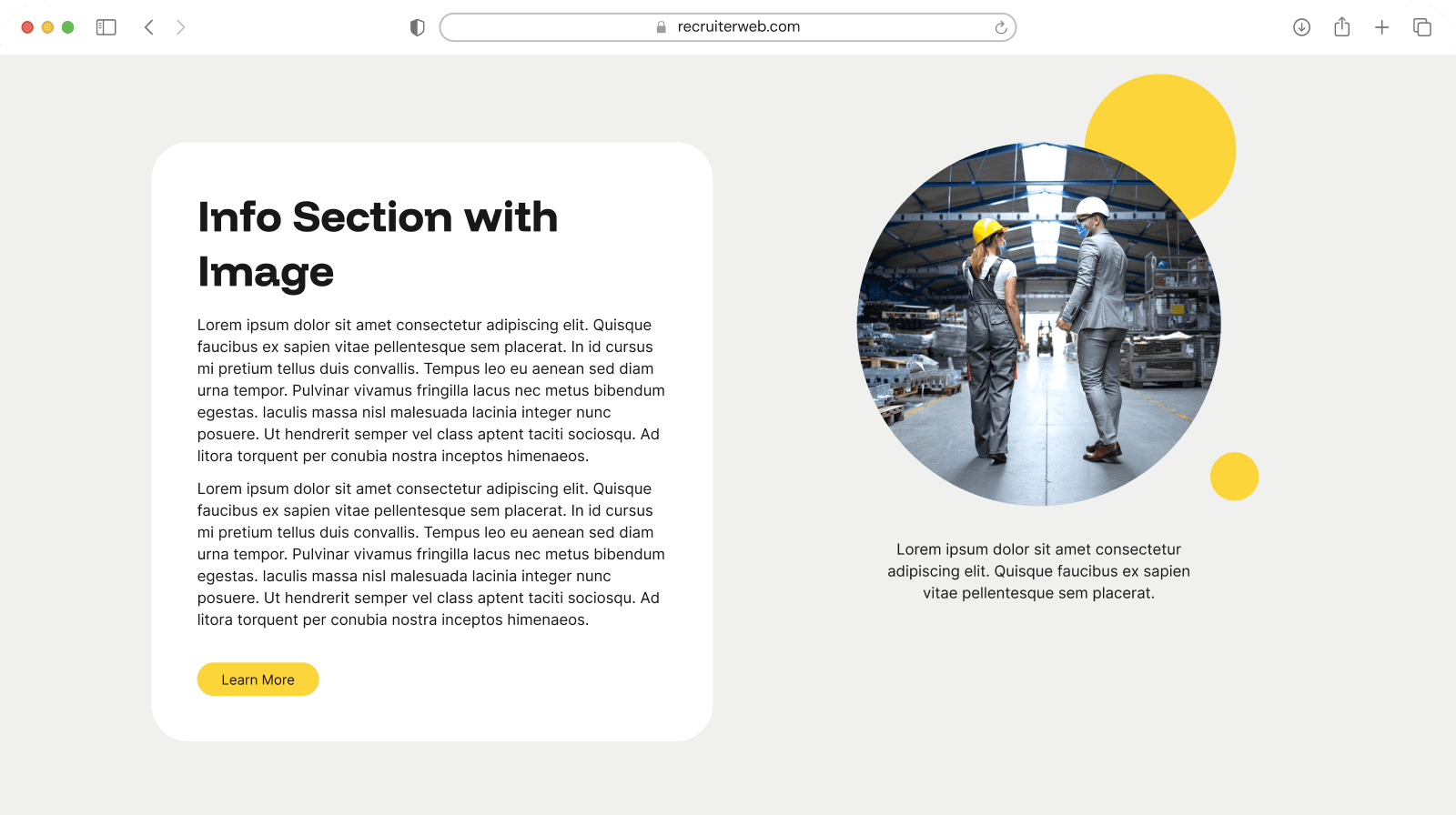 "Info Section with Image" widget shown in a browser mockup, dark theme with a team celebration photo