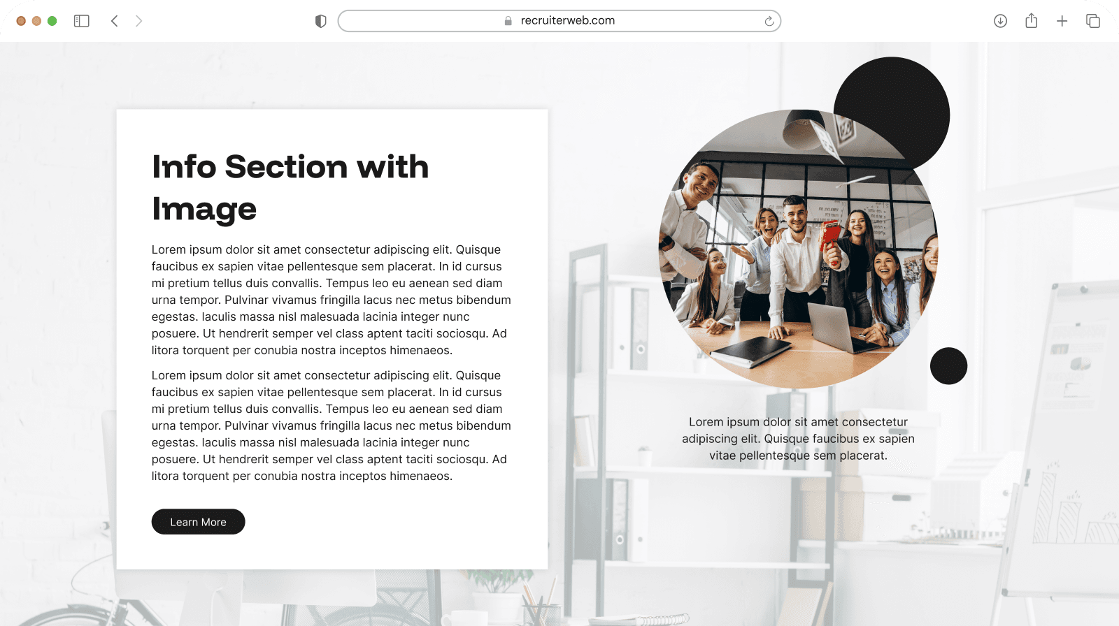 "Info Section with Image" widget shown in a browser mockup, light theme with a warehouse walking photo