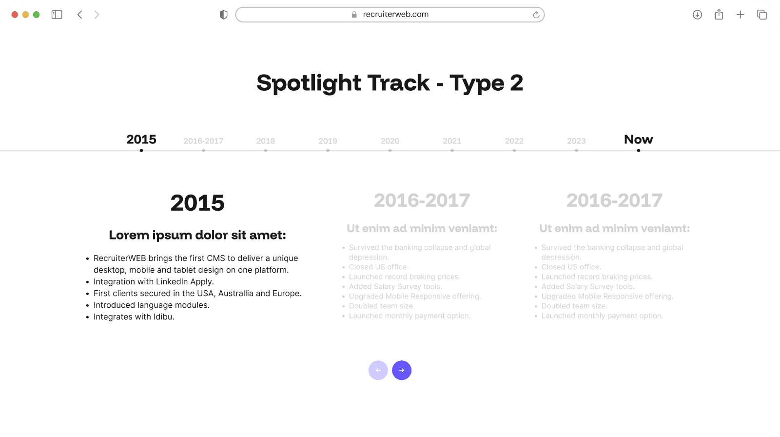 "Spotlight Track - Type 2" widget shown in a browser mockup, white color theme