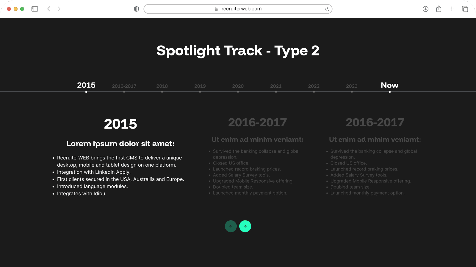 "Spotlight Track - Type 2" widget shown in a browser mockup, dark color theme