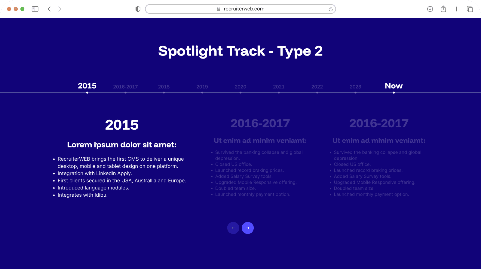 "Spotlight Track - Type 2" widget shown in a browser mockup, indigo color theme