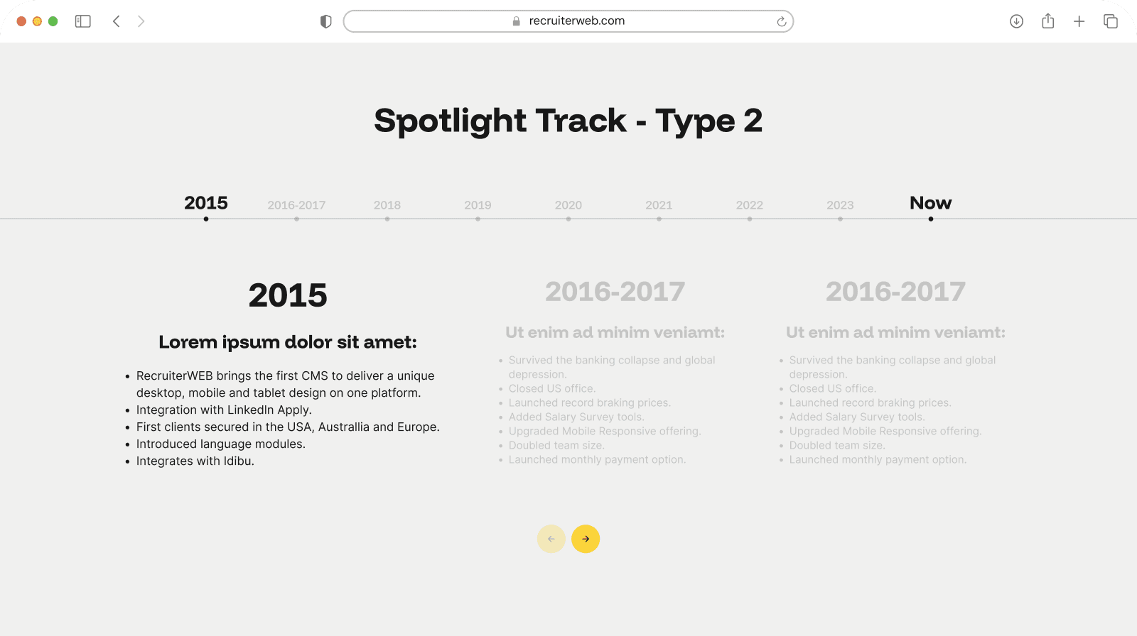 "Spotlight Track - Type 2" widget shown in a browser mockup, yellow color theme