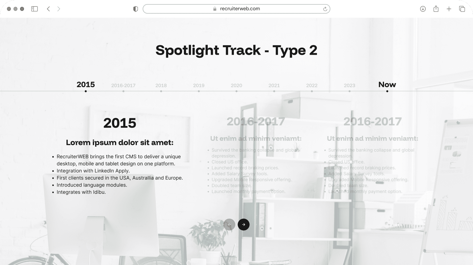"Spotlight Track - Type 2" widget shown in a browser mockup over an office photo background