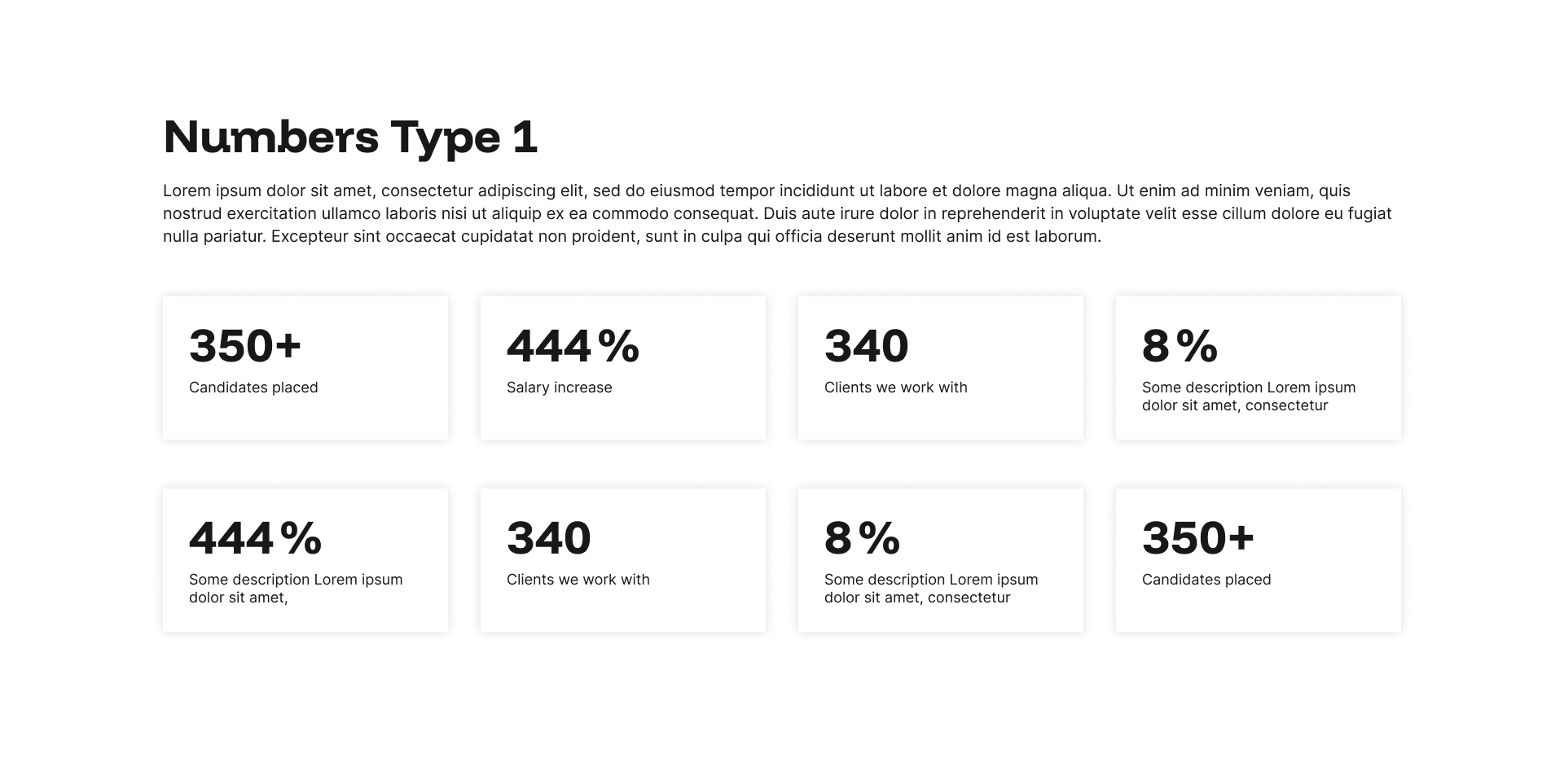 "Numbers Type 1" example page: 8-card grid of statistic figures with labels