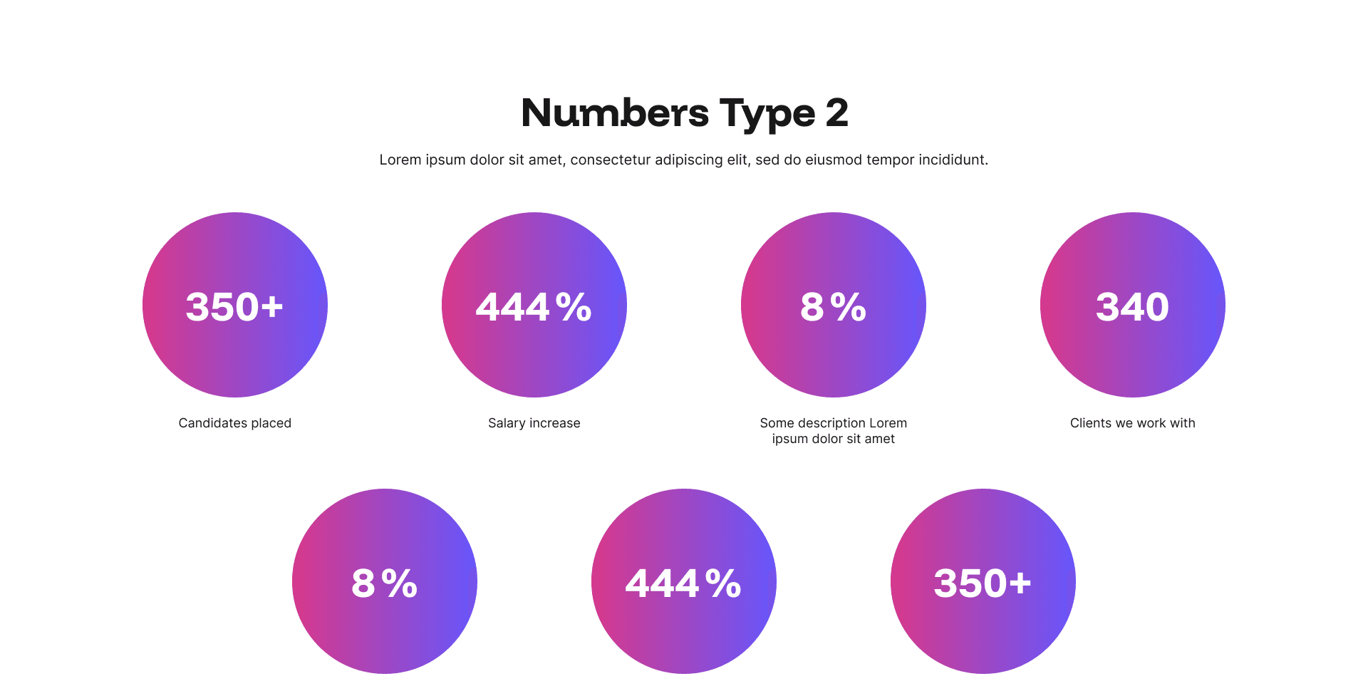 "Numbers Type 2" example page: statistic figures in circular badges