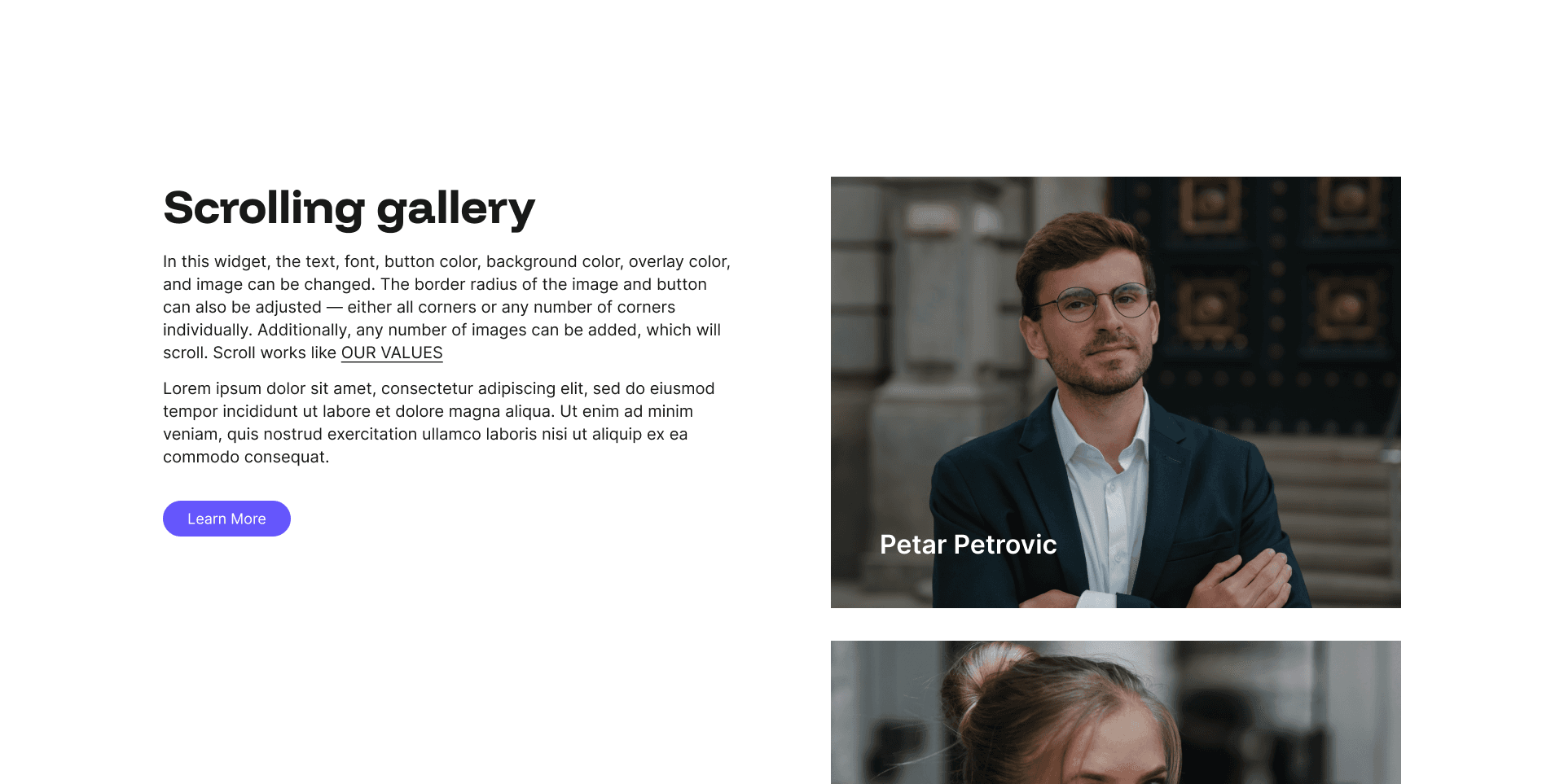 "Scrolling gallery" example page: text panel beside a vertically scrolling photo gallery with staff names