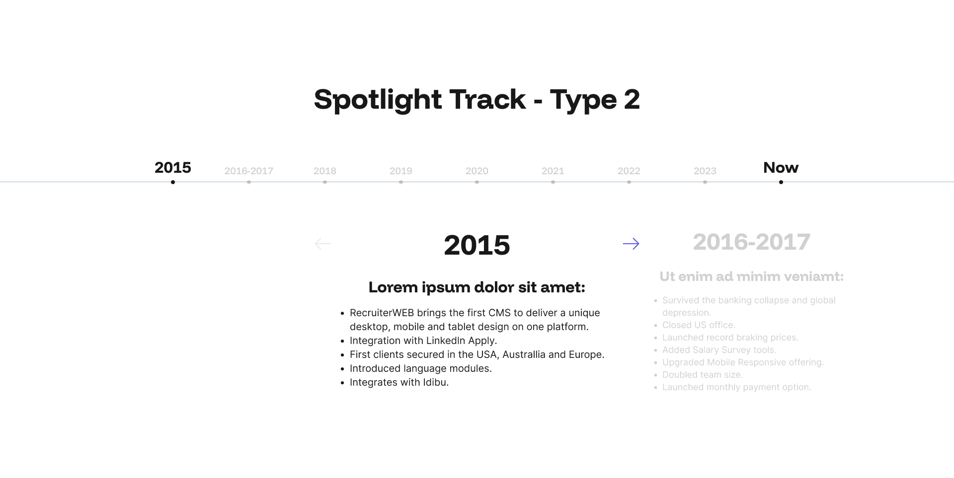 "Spotlight Track - Type 2" example page: horizontal year timeline with two-column milestone lists
