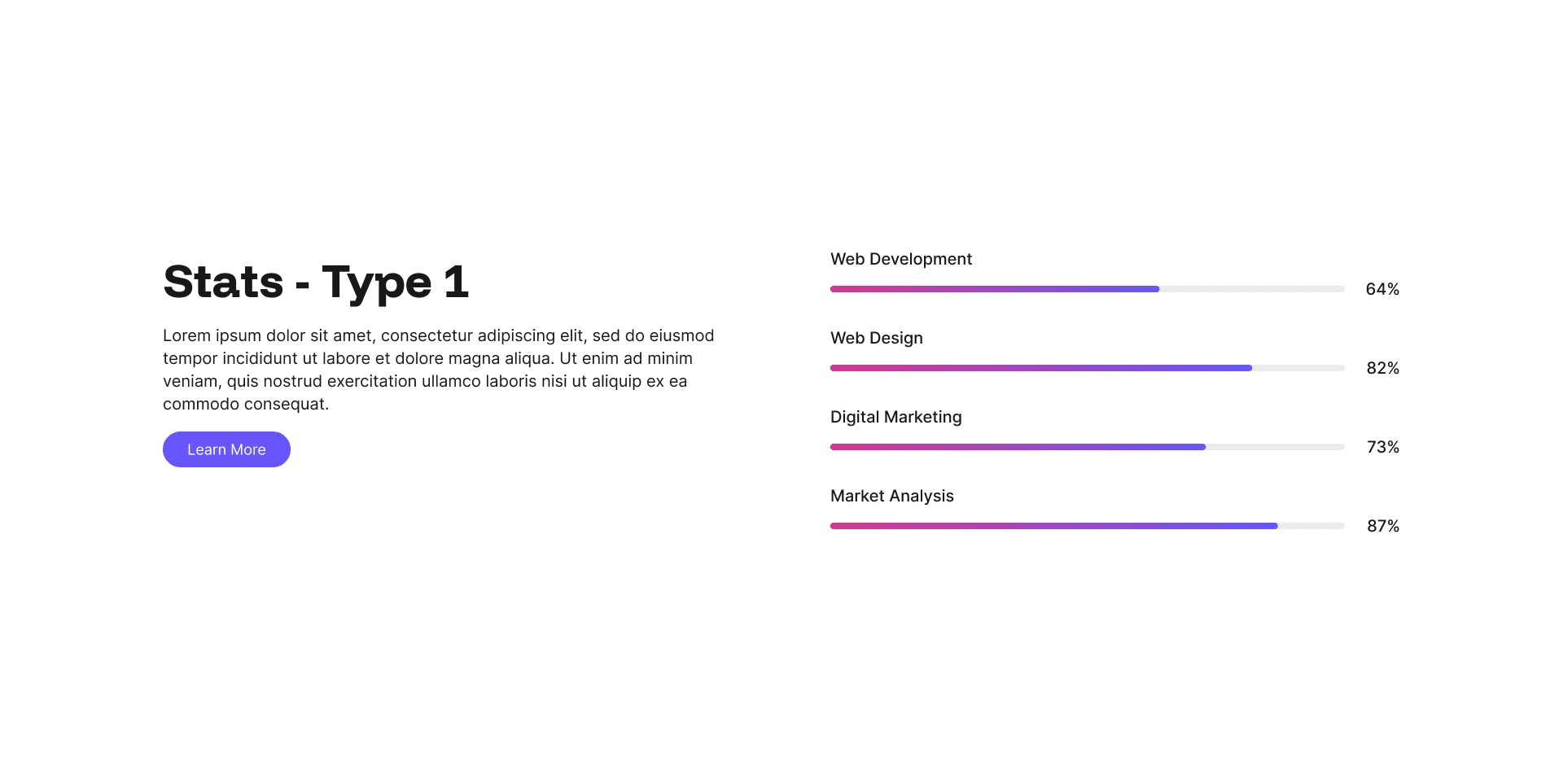 "Stats - Type 1" example page: labeled progress bars with percentages