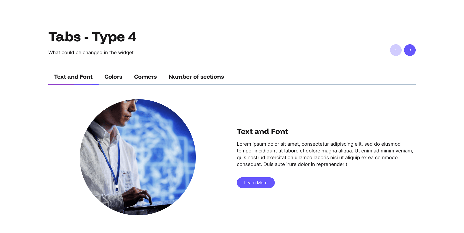 "Tabs - Type 4" example page: tab navigation beside a circular photo of a man using a tablet