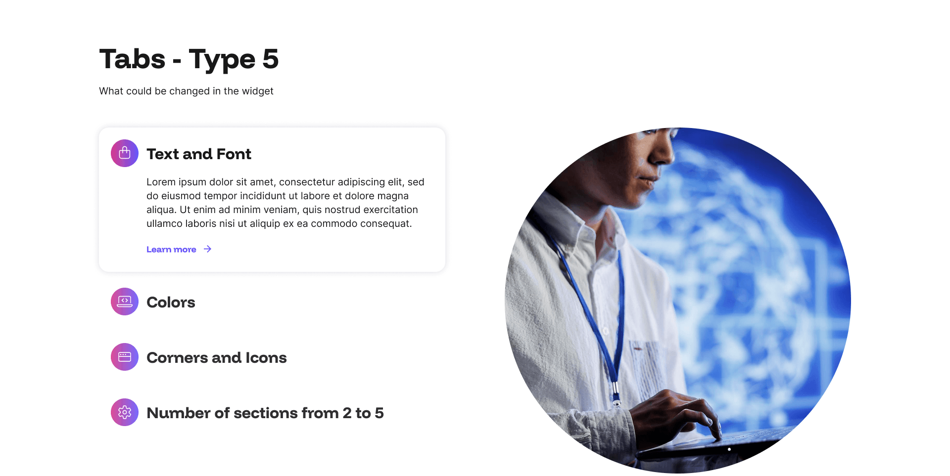 "Tabs - Type 5" example page: vertical icon tab list beside a circular photo of a man using a tablet