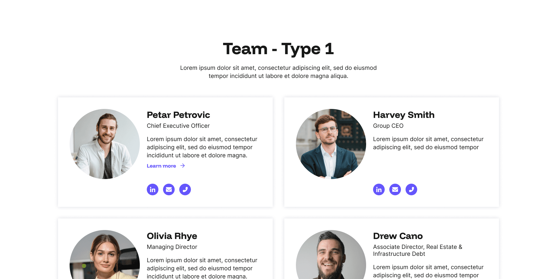 "Team - Type 1" example page: two-column staff cards with photo, name, role, and contact icons