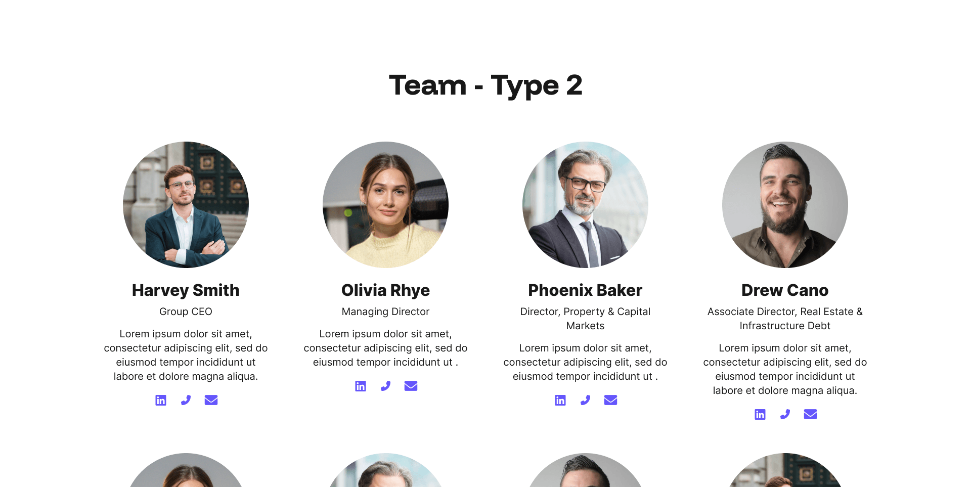 "Team - Type 2" example page: four-column grid of staff headshots with name, role, and contact icons