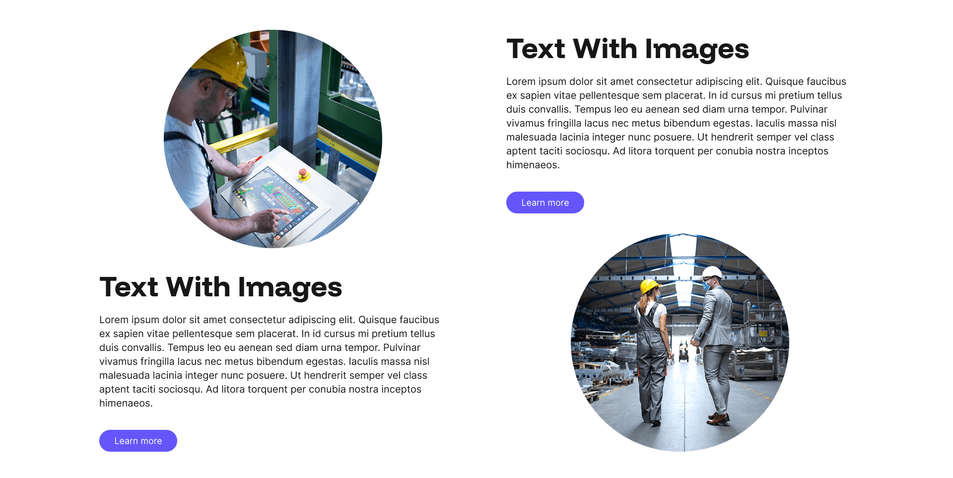 "Text With Images" example page: circular photos beside heading and body text, repeated twice