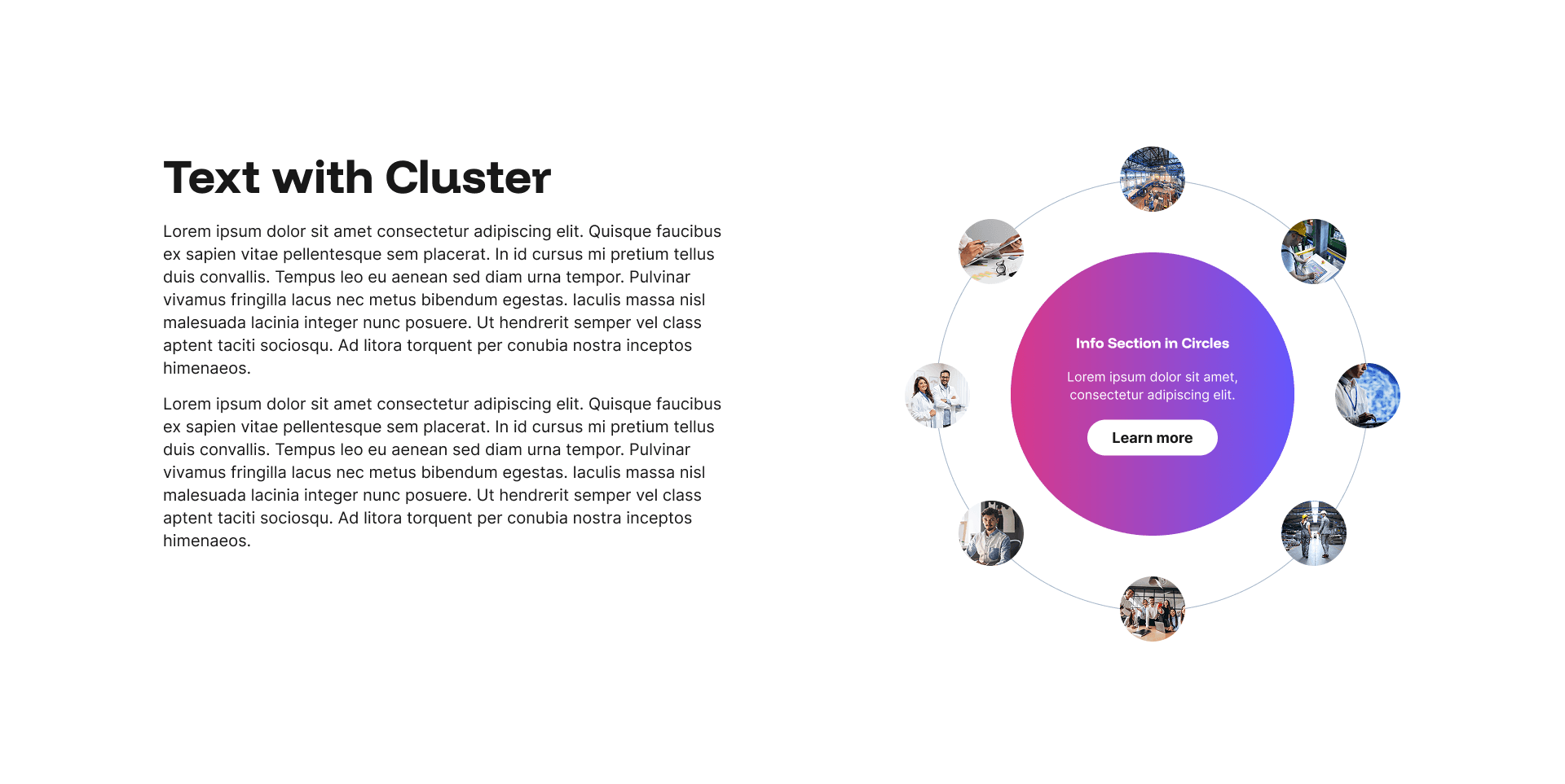 "Text with Cluster" example page: ring of small circular photos around a central gradient text circle, alternate copy