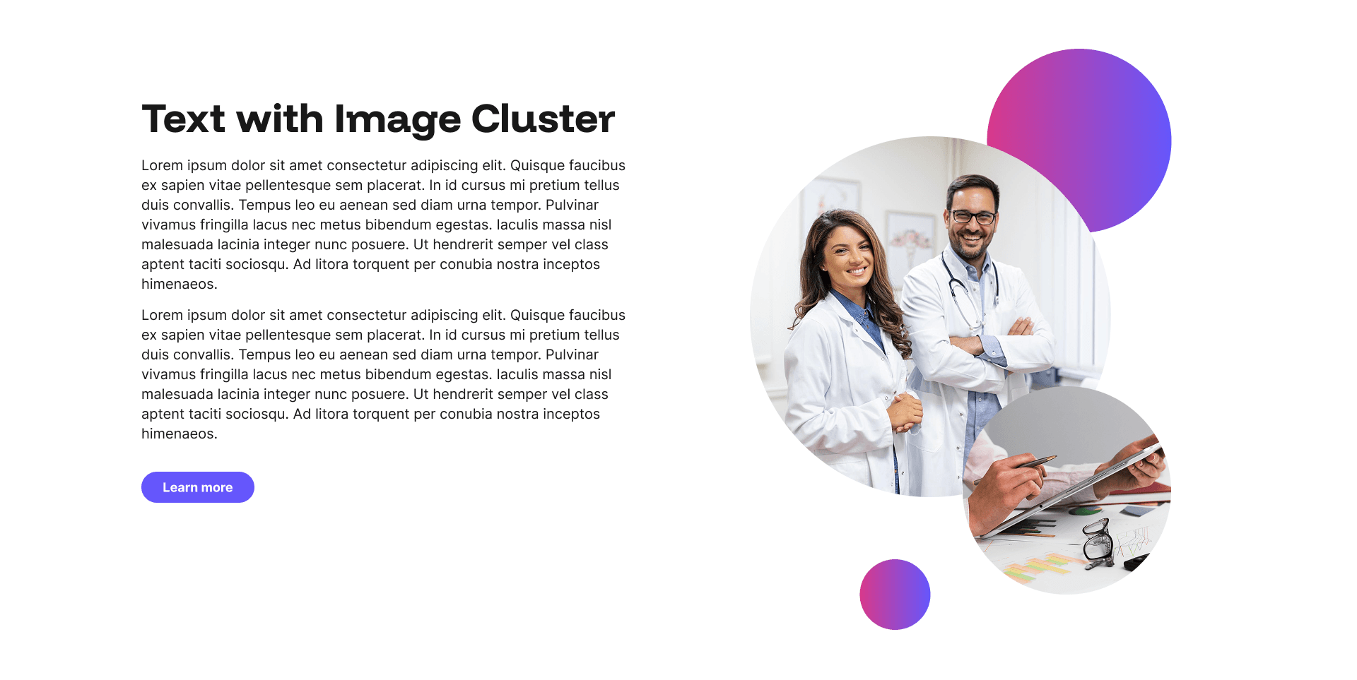 "Text with Image Cluster" example page: overlapping circular photo cluster beside heading and body text