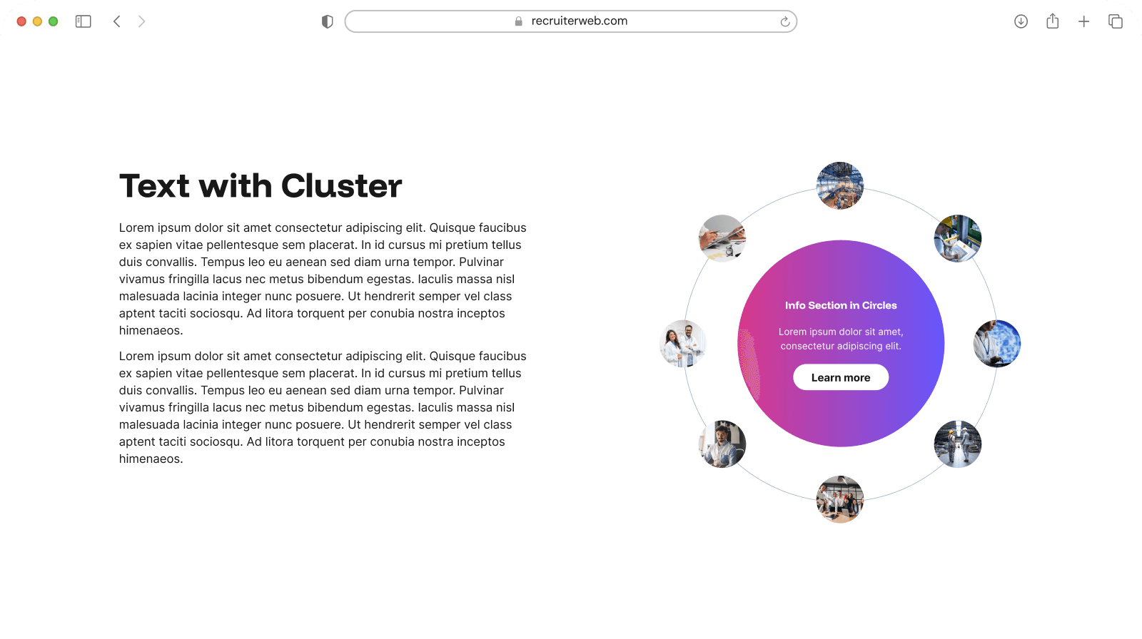 "Text with Cluster" widget shown in a browser mockup, white and purple color theme
