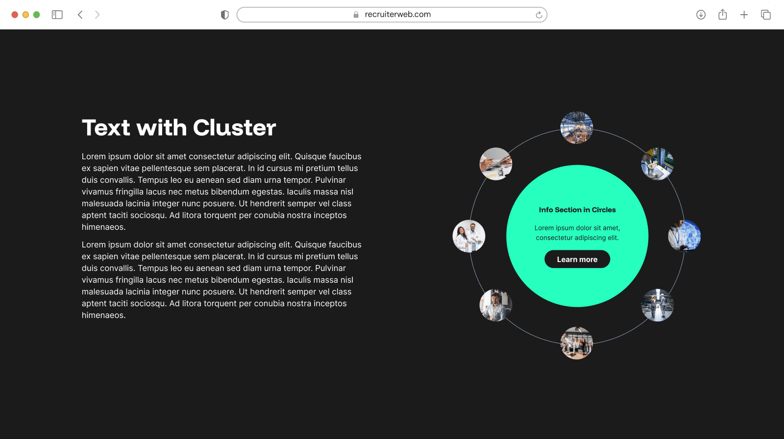 "Text with Cluster" widget shown in a browser mockup, dark teal color theme