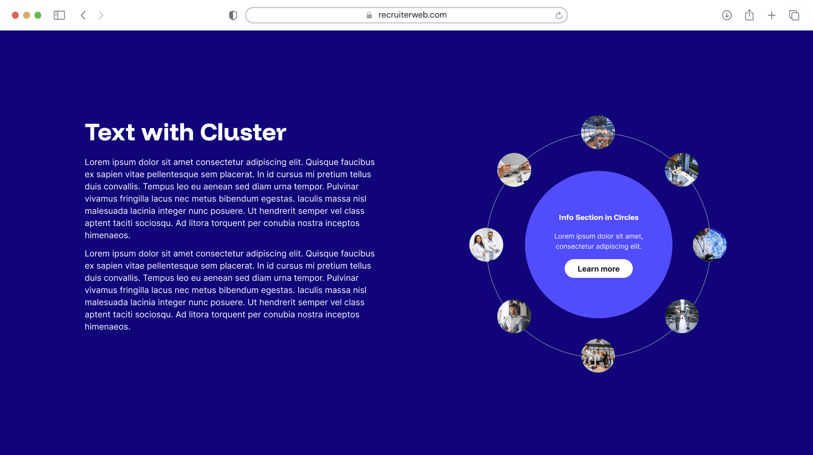 "Text with Cluster" widget shown in a browser mockup, indigo color theme
