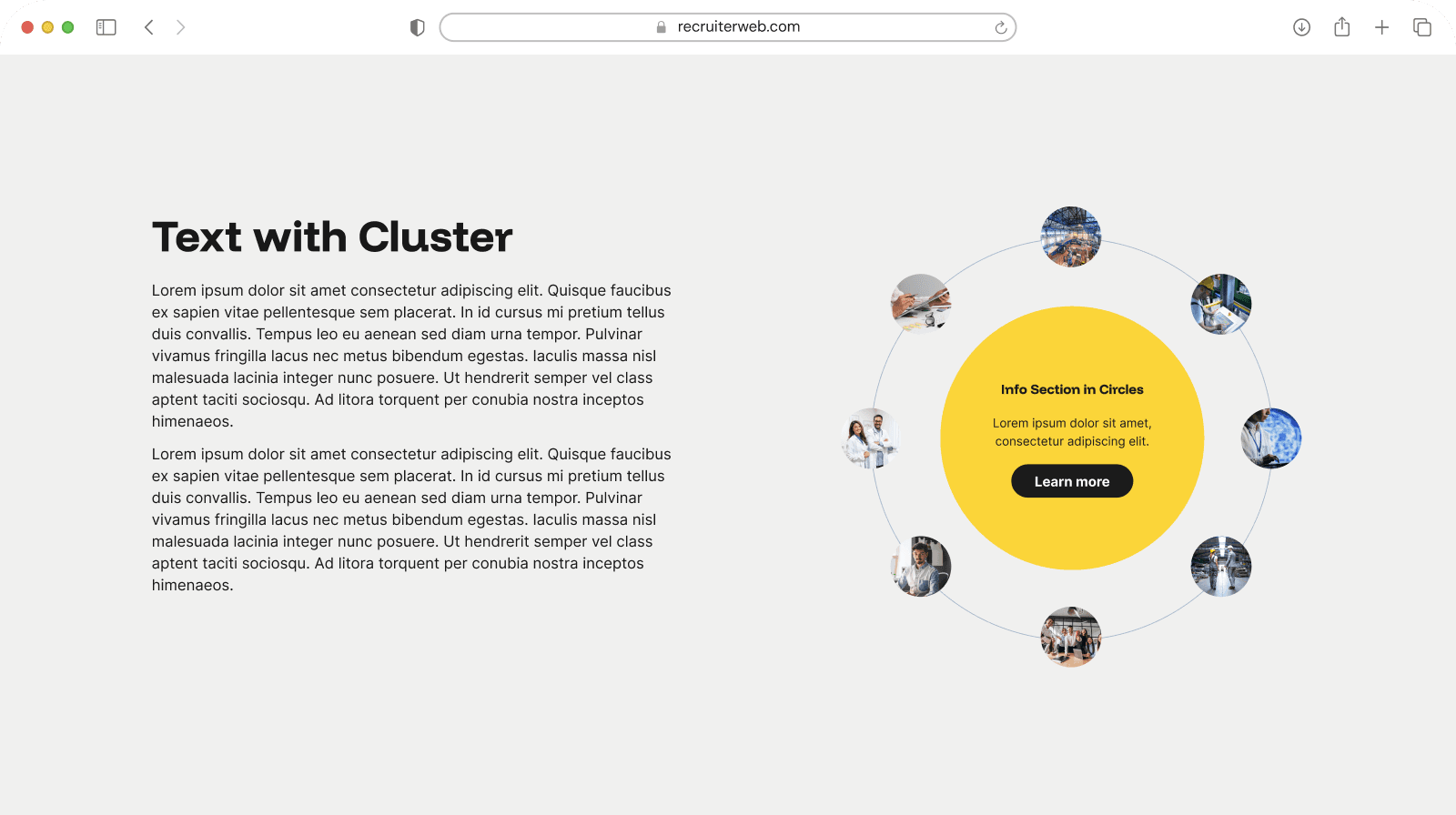 "Text with Cluster" widget shown in a browser mockup, yellow color theme