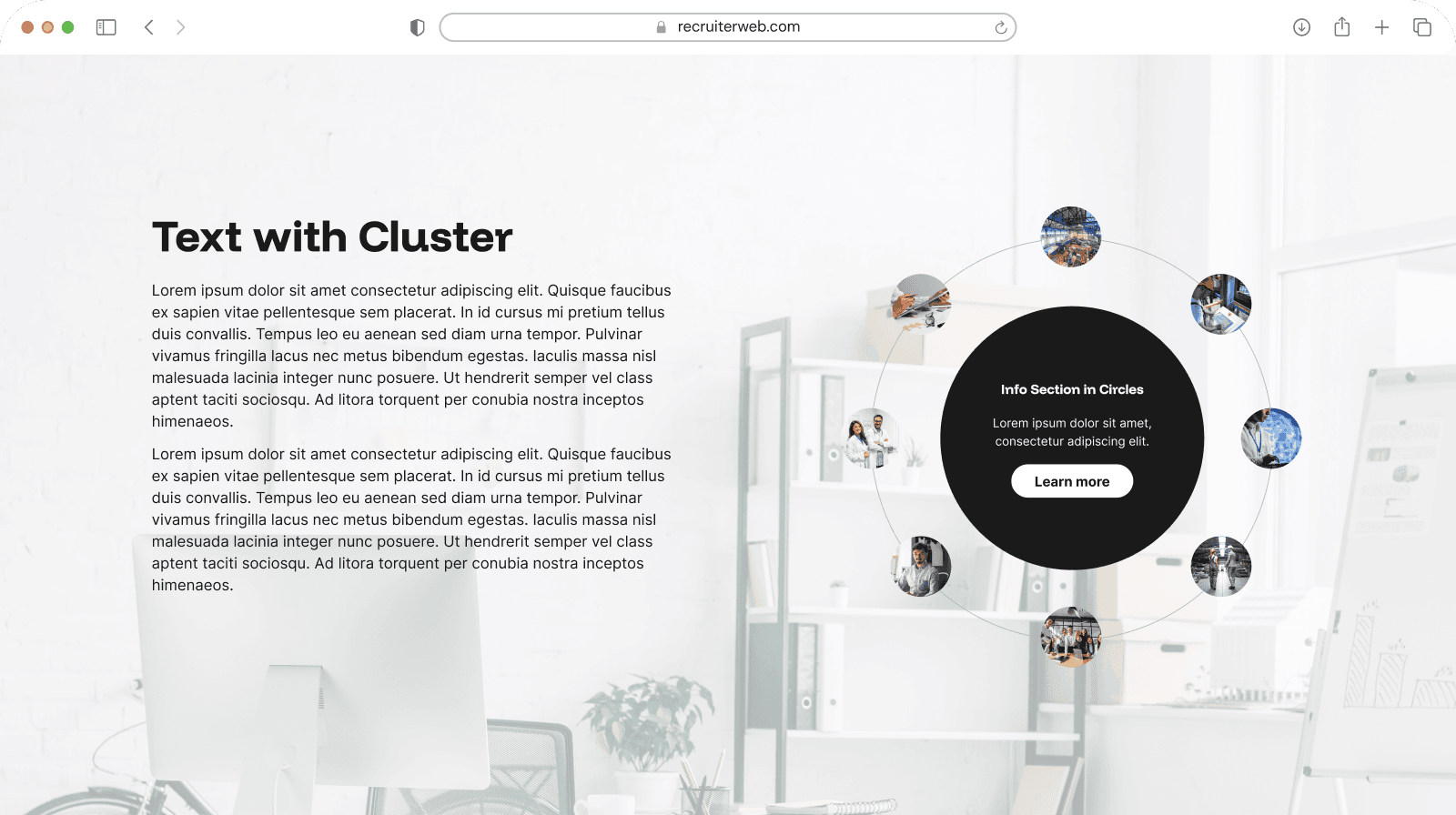 "Text with Cluster" widget shown in a browser mockup, black color theme