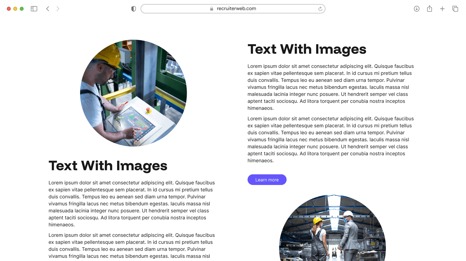 "Text With Images" widget shown in a browser mockup, white color theme