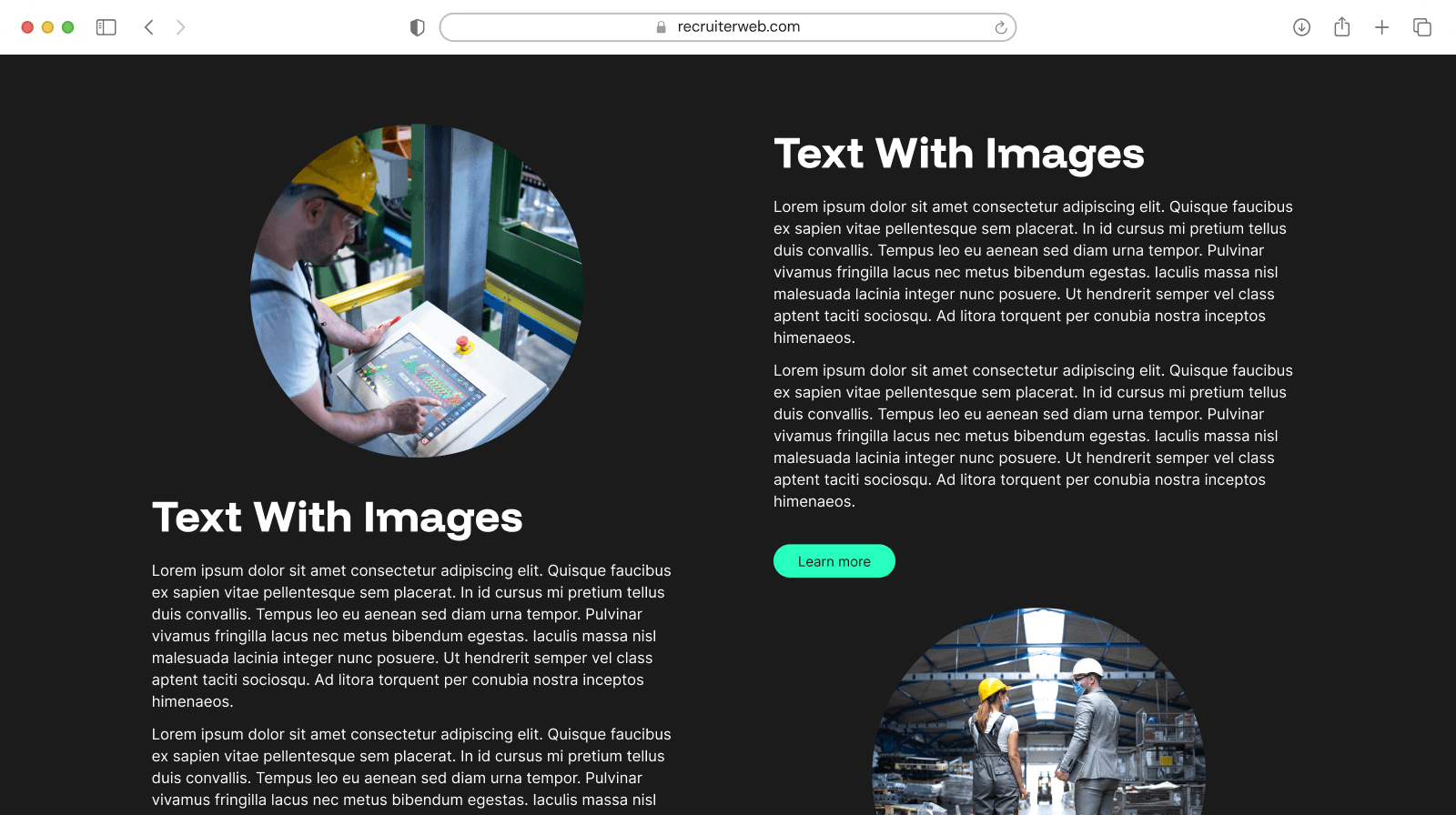 "Text With Images" widget shown in a browser mockup, dark color theme