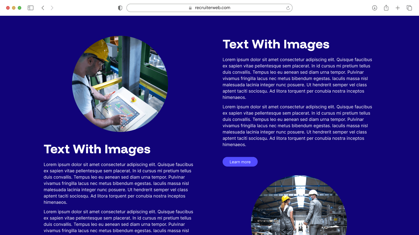 "Text With Images" widget shown in a browser mockup, indigo color theme