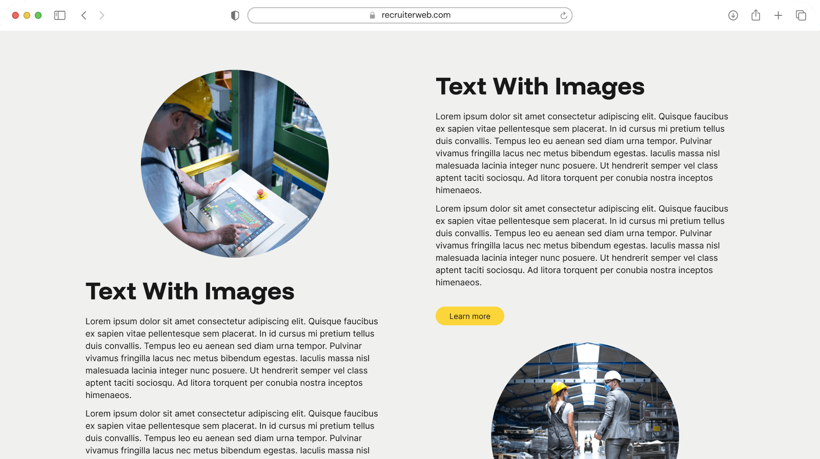 "Text With Images" widget shown in a browser mockup, alternate dark color theme