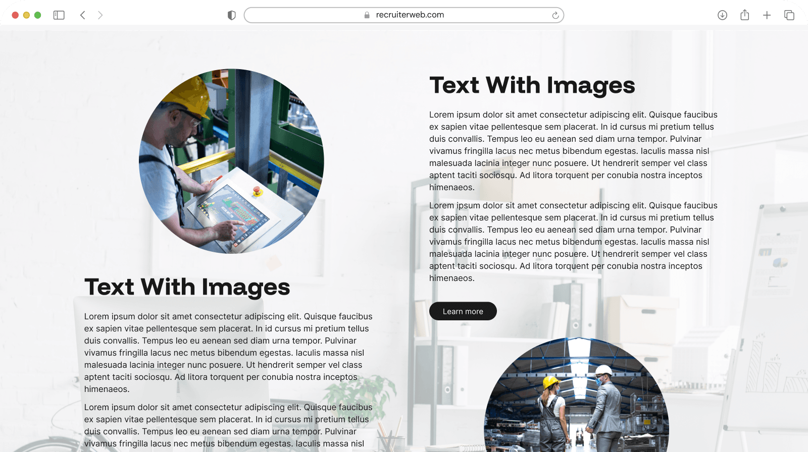 "Text With Images" widget shown in a browser mockup, light office-photo background