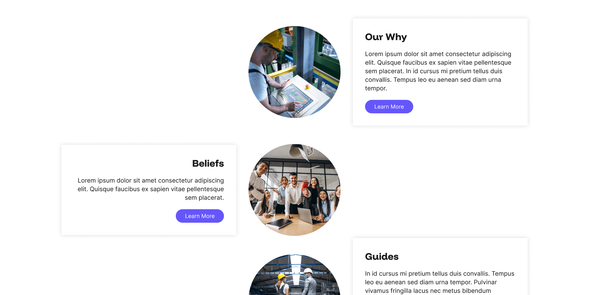 Visual story section example page: circular photos paired with Our Why, Beliefs, and Guides text cards