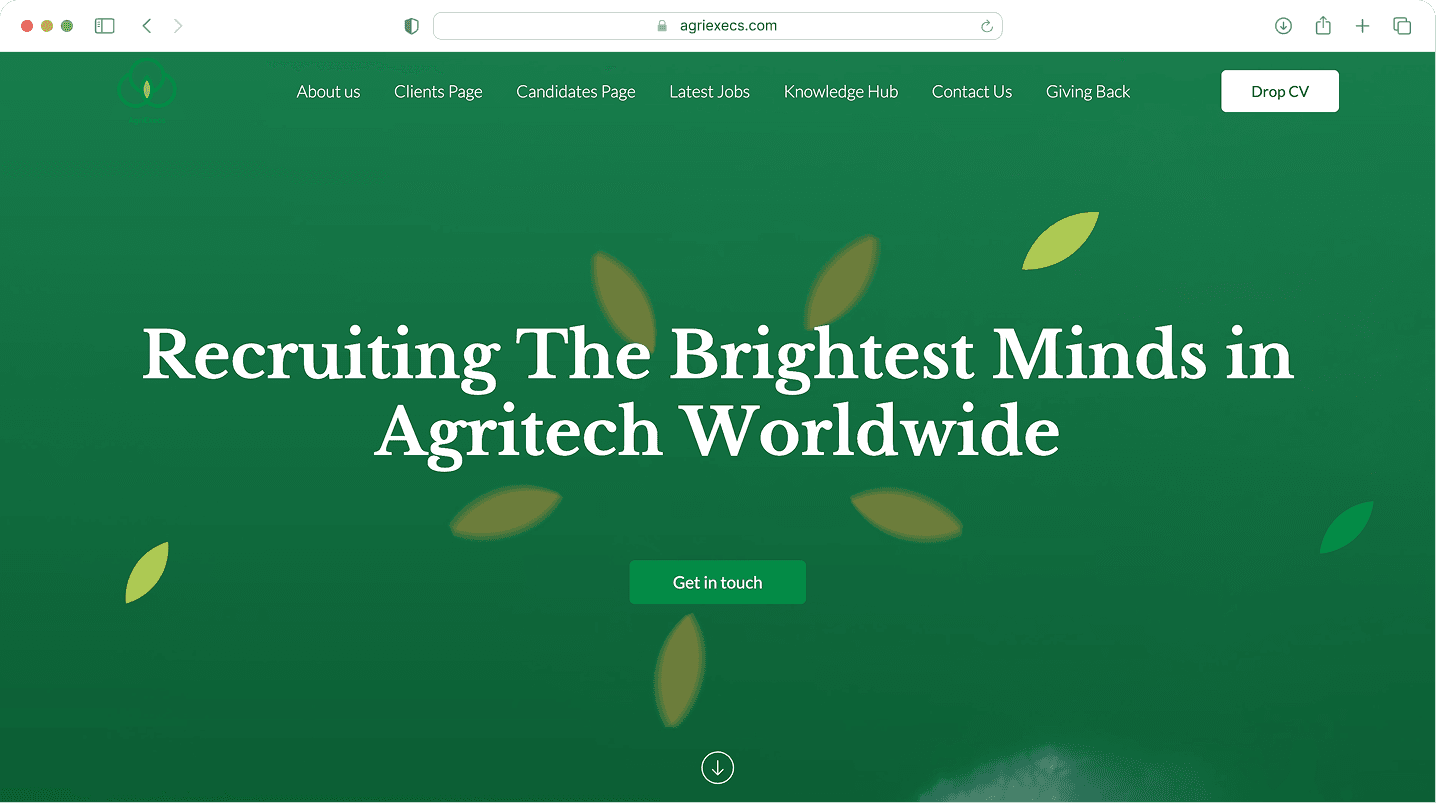 Homepage screenshot of Agri Execs website: "Recruiting The Brightest Minds in Agritech Worldwide"