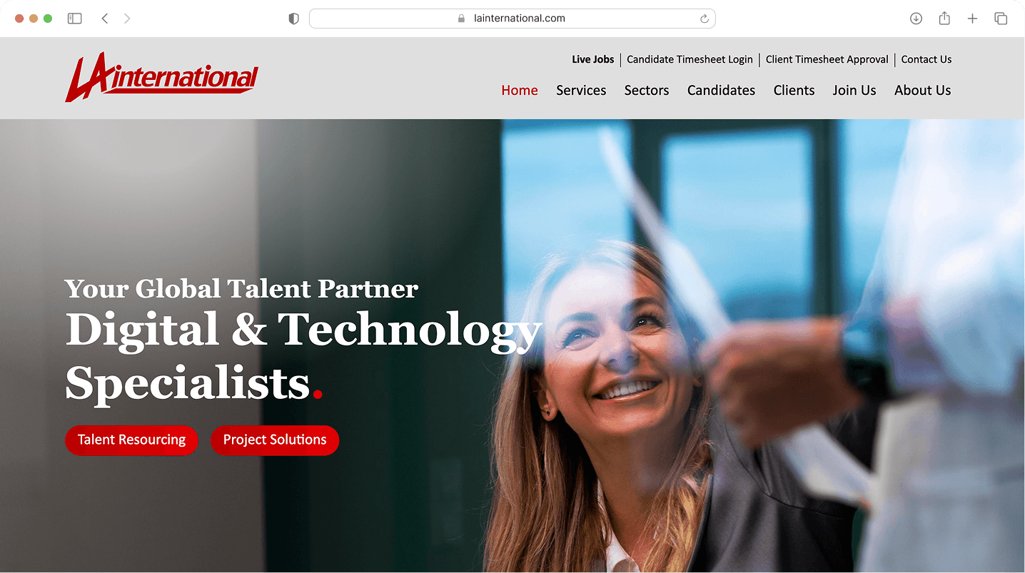 Homepage screenshot of LA Recruitment website: digital and technology specialists