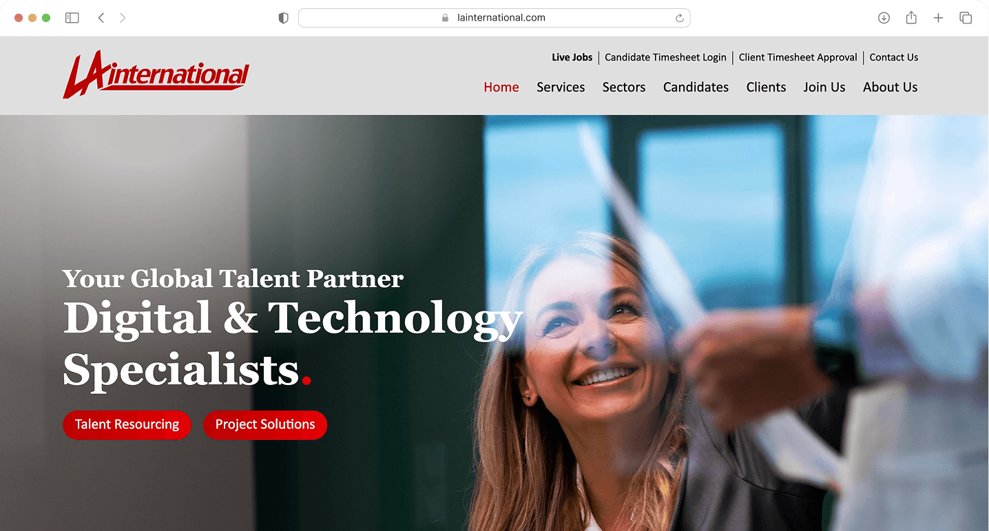 Homepage screenshot of LA Recruitment website, alternate view