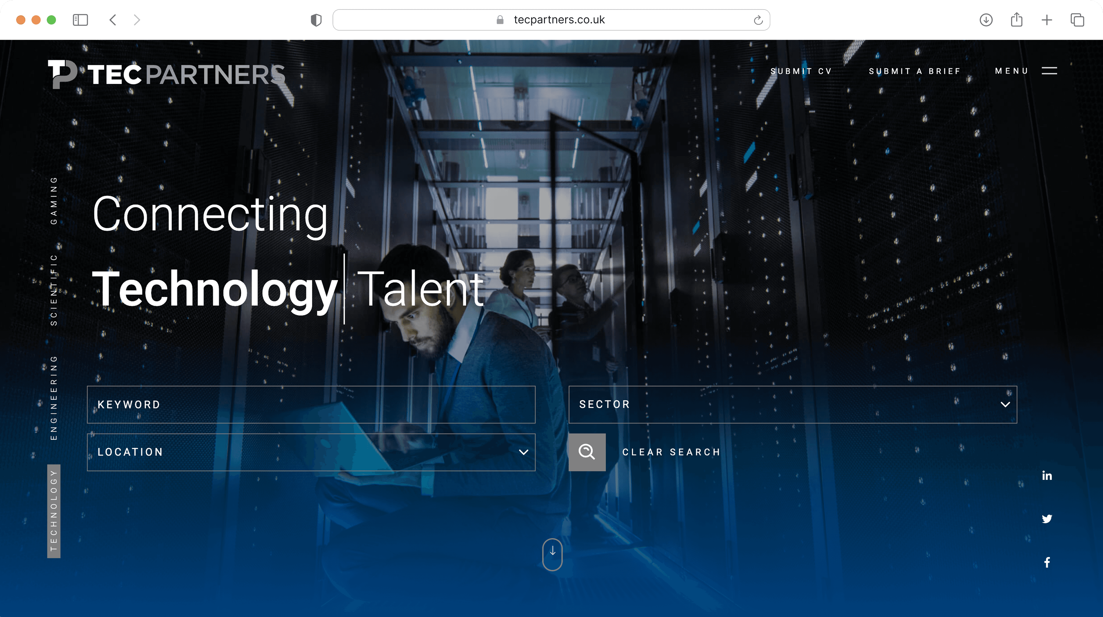 Homepage screenshot of a technology recruitment website: "Connecting Technology"