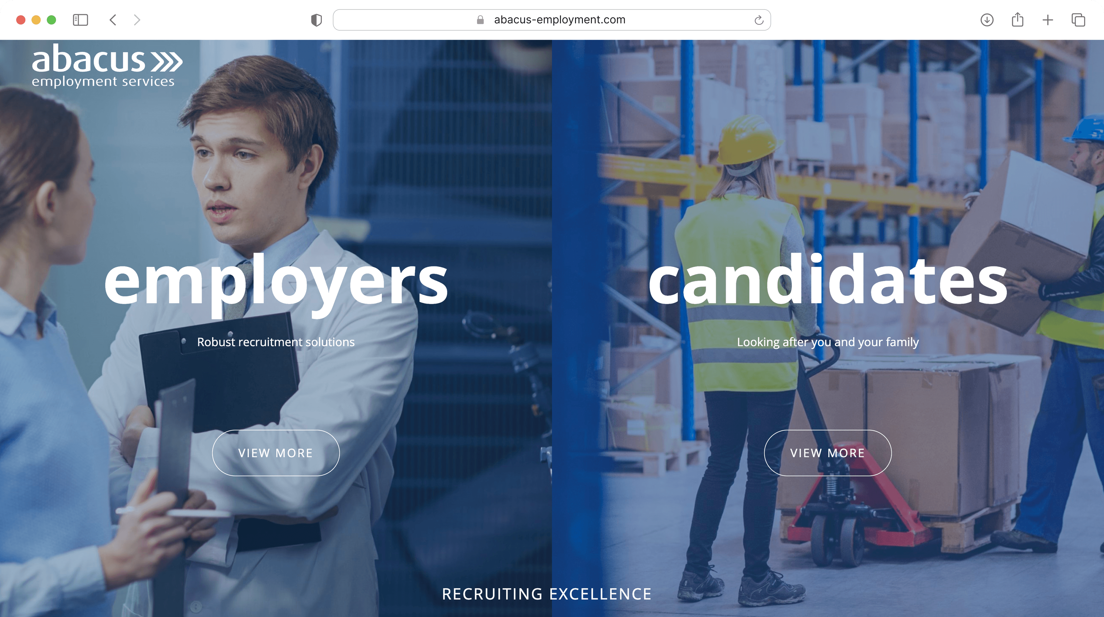 Homepage screenshot of Abacus Employment website with employers/candidates split panels